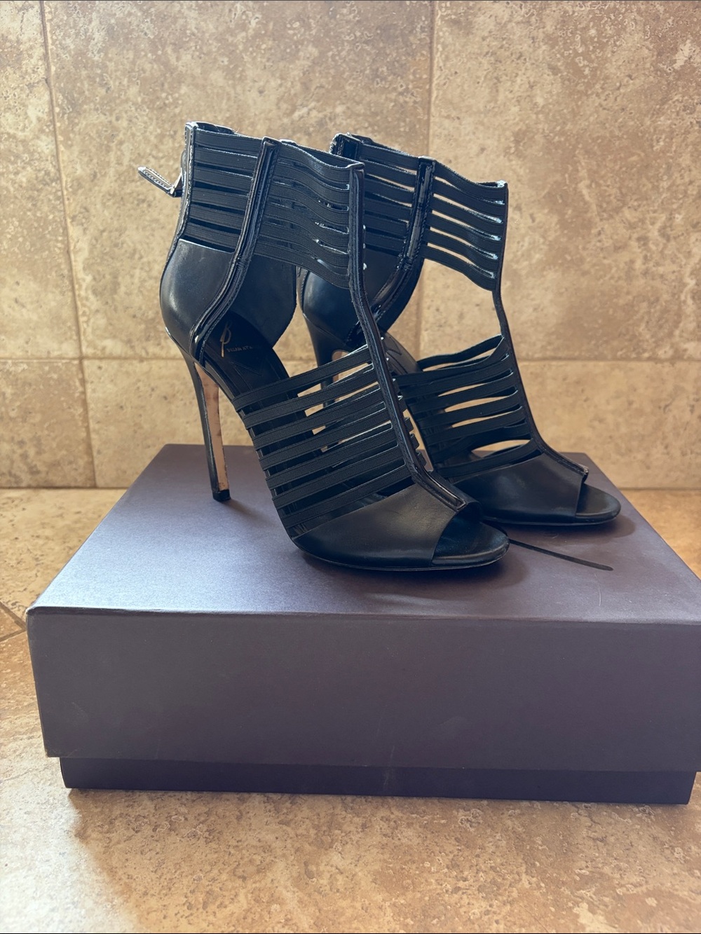B Brian Atwood Black Strappy Cage High-Heel Sandals